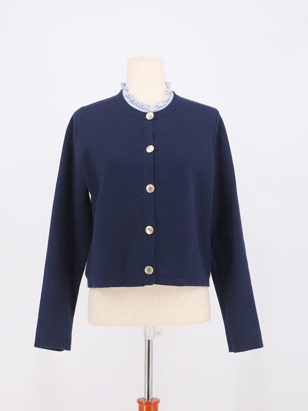 LOFT Navy Blue Ruffle Collar Gold Button Front Cardigan Sweater Size M